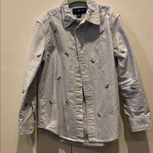 Ralph Lauren Boys Blue White Striped Button-Down Shirt with Green Embroidery